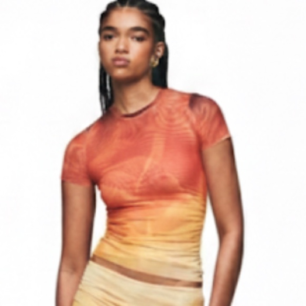 SEROYA “Kate Mesh Baby Tee” In Sunset Palm Size Medium Excellent Condition!